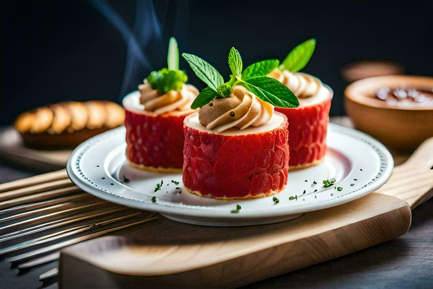 tre mini desserter på en tallrik med en kniv. ai-genererad foto