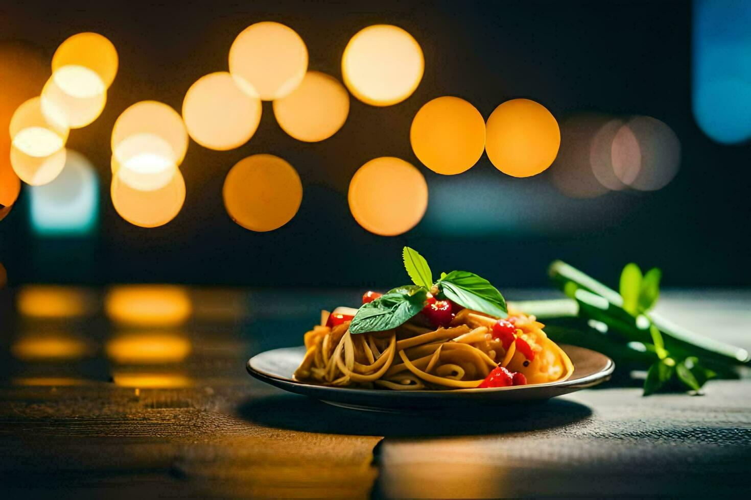 spaghetti med tomat sås och basilika löv på en tallrik. ai-genererad foto
