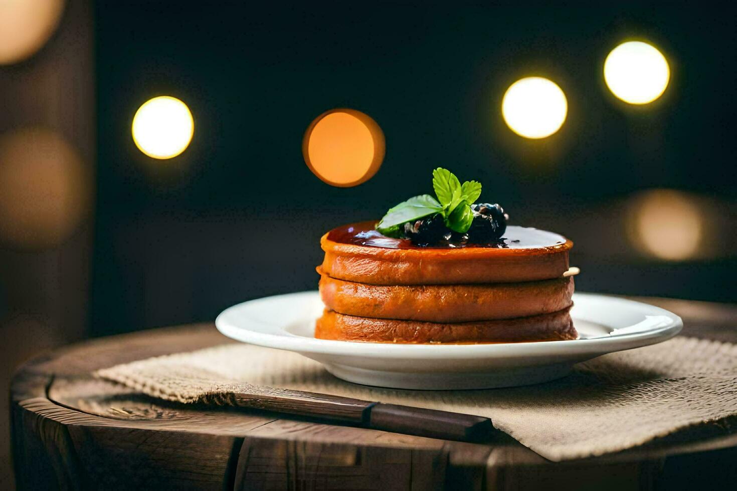 en stack av pannkakor på en tallrik med bär. ai-genererad foto