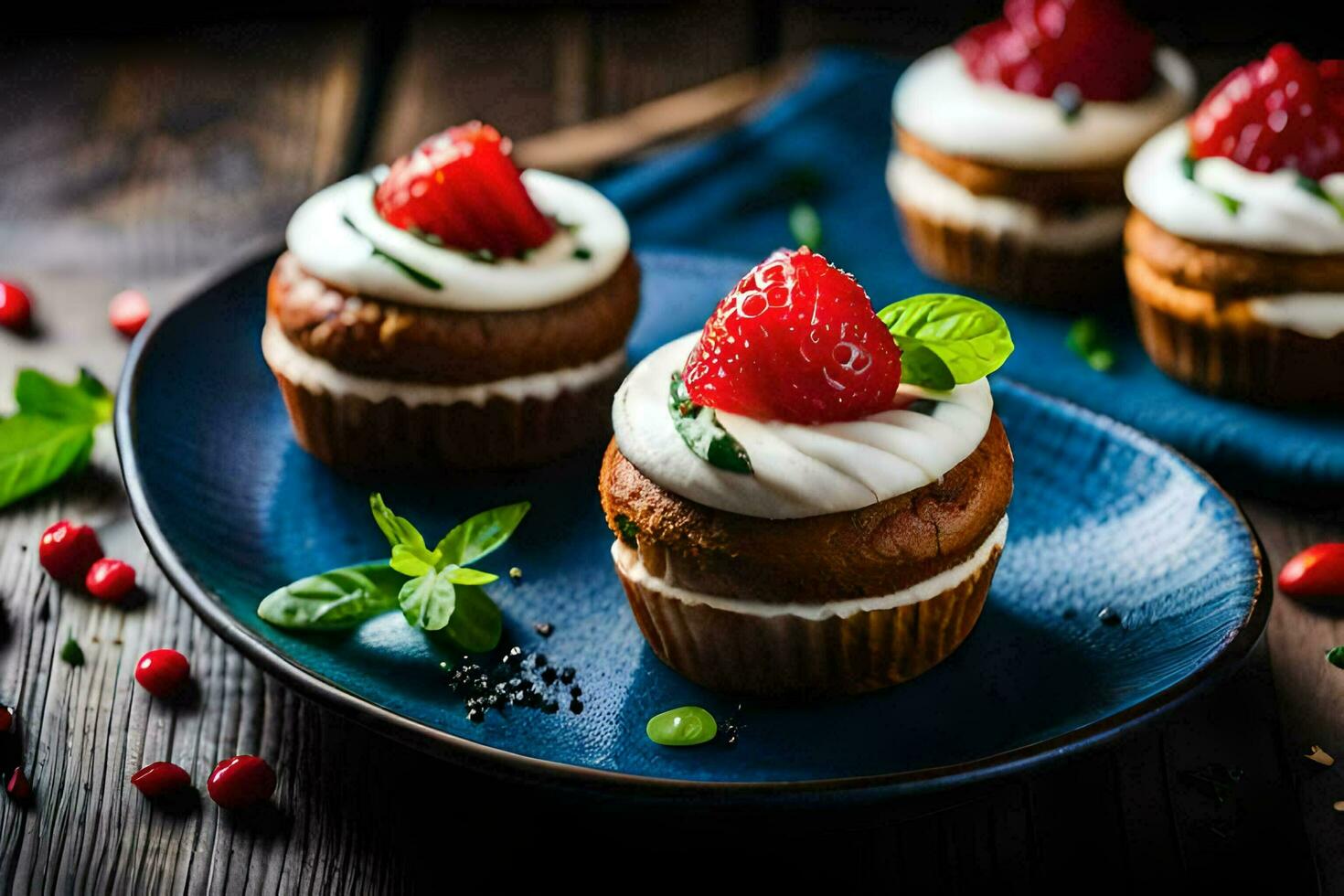 muffins med grädde ost glasyr och jordgubbar. ai-genererad foto