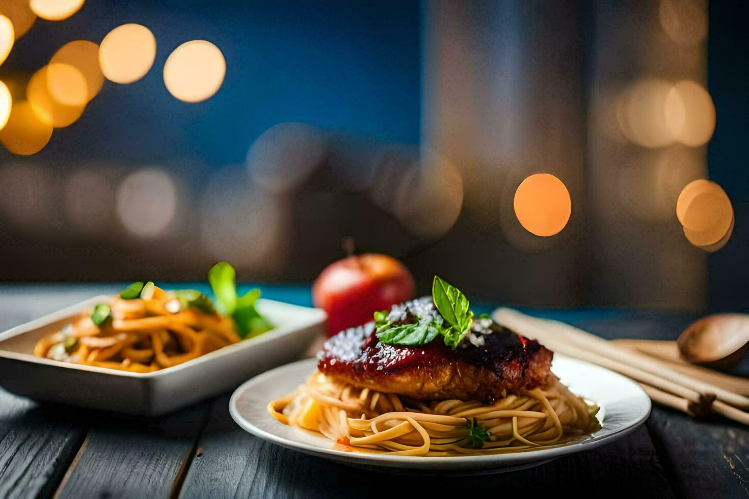 kyckling med spaghetti och äpple på en trä- tabell. ai-genererad foto