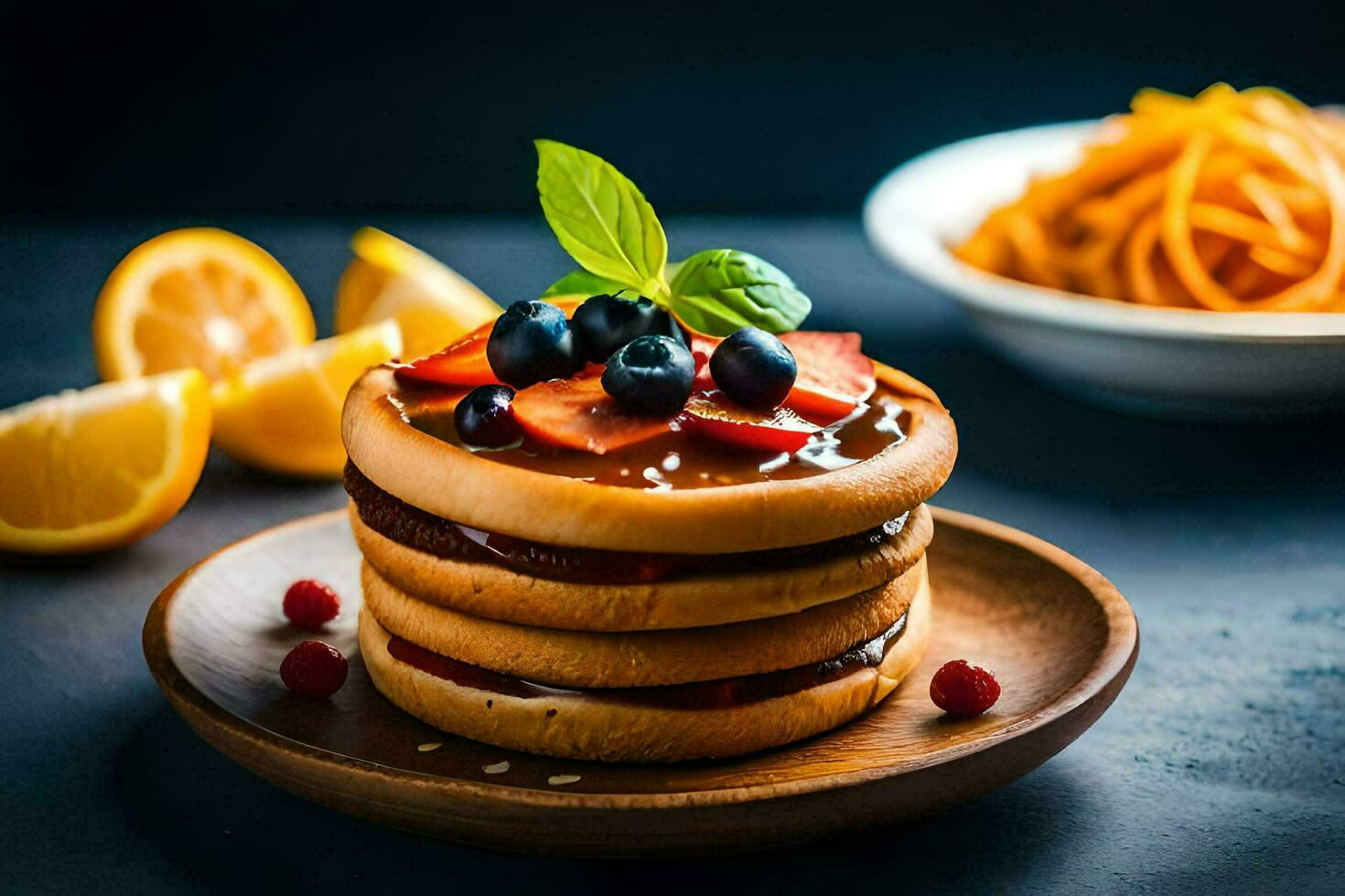 stack av pannkakor med bär och orange skivor. ai-genererad foto