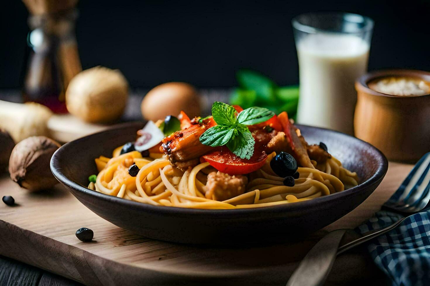 spaghetti med kött, tomater och svamp i en skål. ai-genererad foto