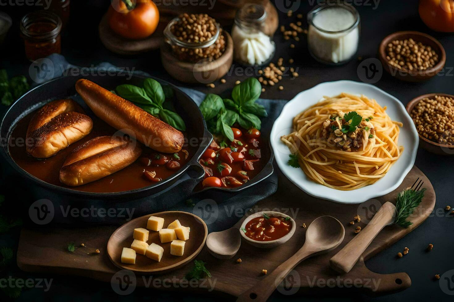 italiensk mat med pasta, korv, tomater, ost och bröd på en mörk tabell. ai-genererad foto