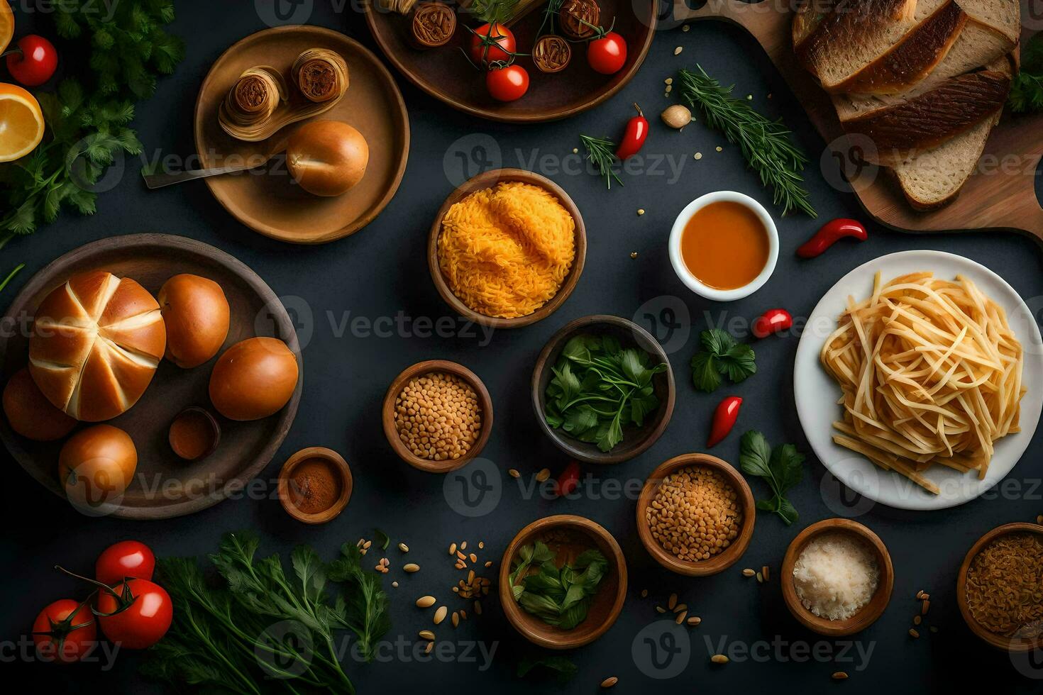 olika Ingredienser för pasta och bröd på en mörk tabell. ai-genererad foto
