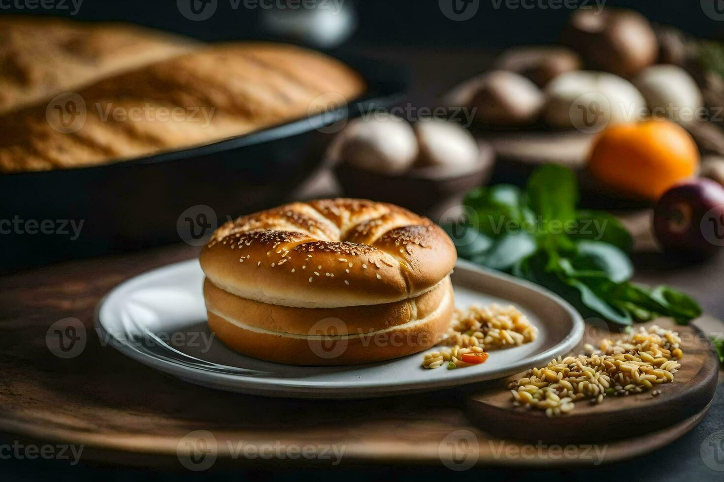 en bagel med ost och bröd på en tallrik. ai-genererad foto