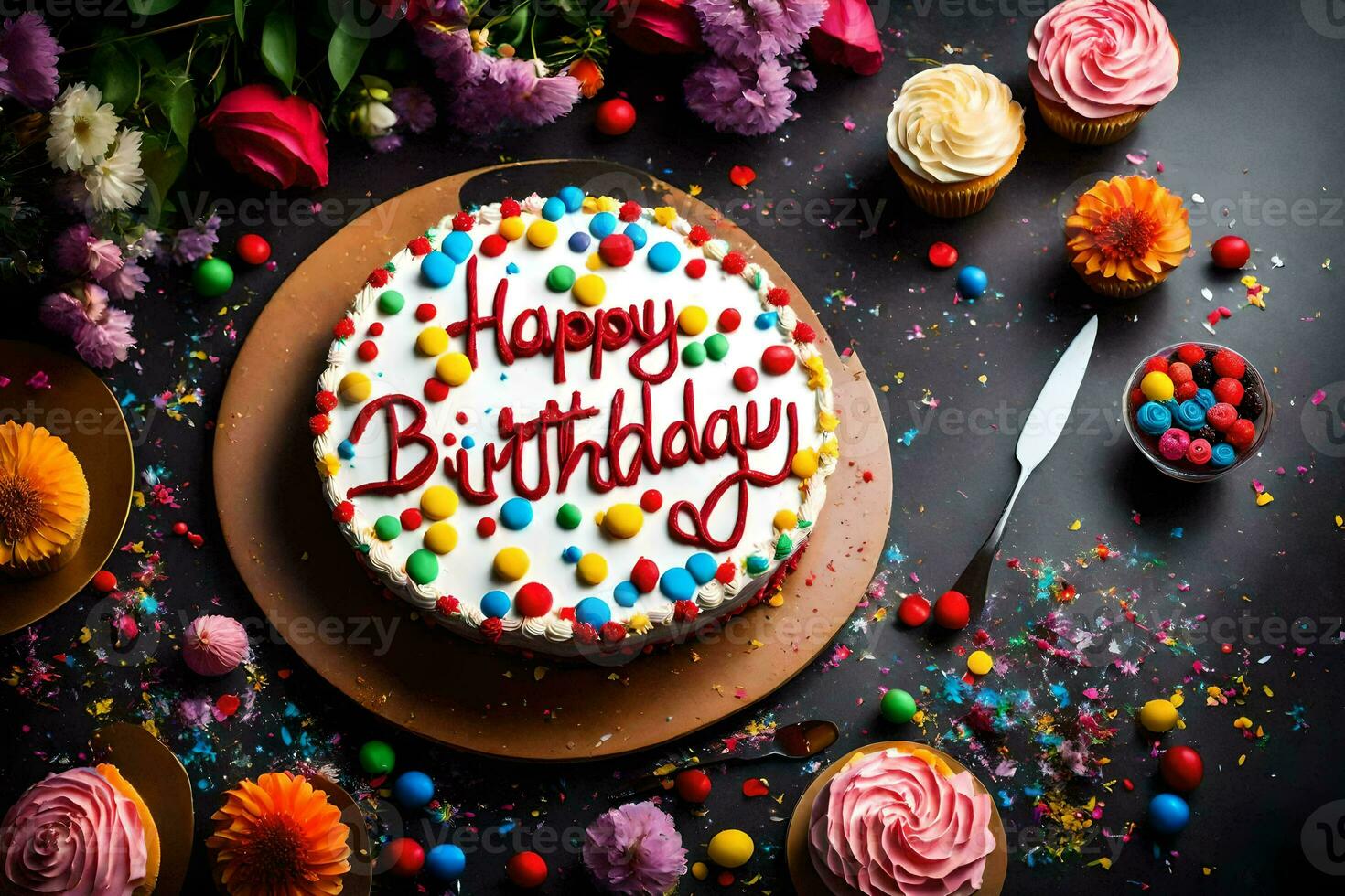 Lycklig födelsedag kaka med färgrik strössel. ai-genererad foto