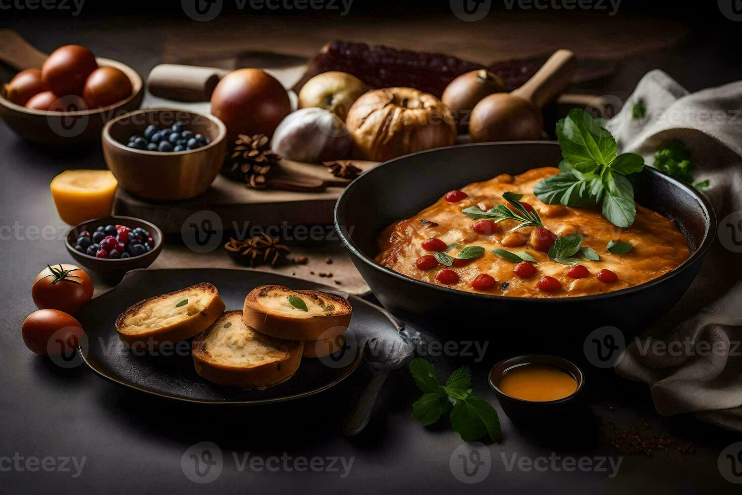 en skål av soppa med bröd, ägg och Övrig Ingredienser. ai-genererad foto