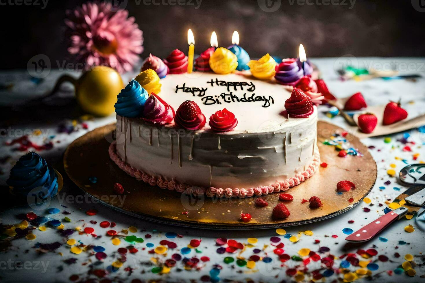 en födelsedag kaka med ljus och färgrik strössel. ai-genererad foto