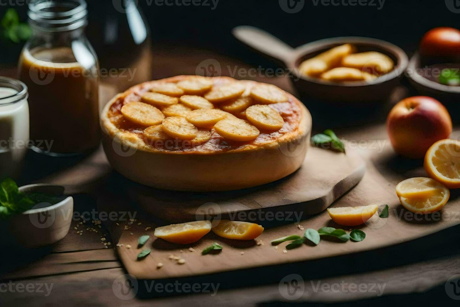 en paj med äpplen och Övrig Ingredienser på en trä- tabell. ai-genererad foto