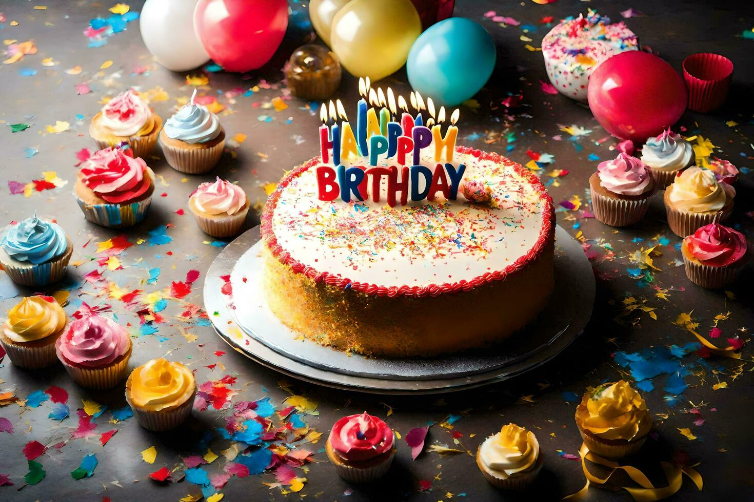 en födelsedag kaka med ljus och konfetti. ai-genererad foto