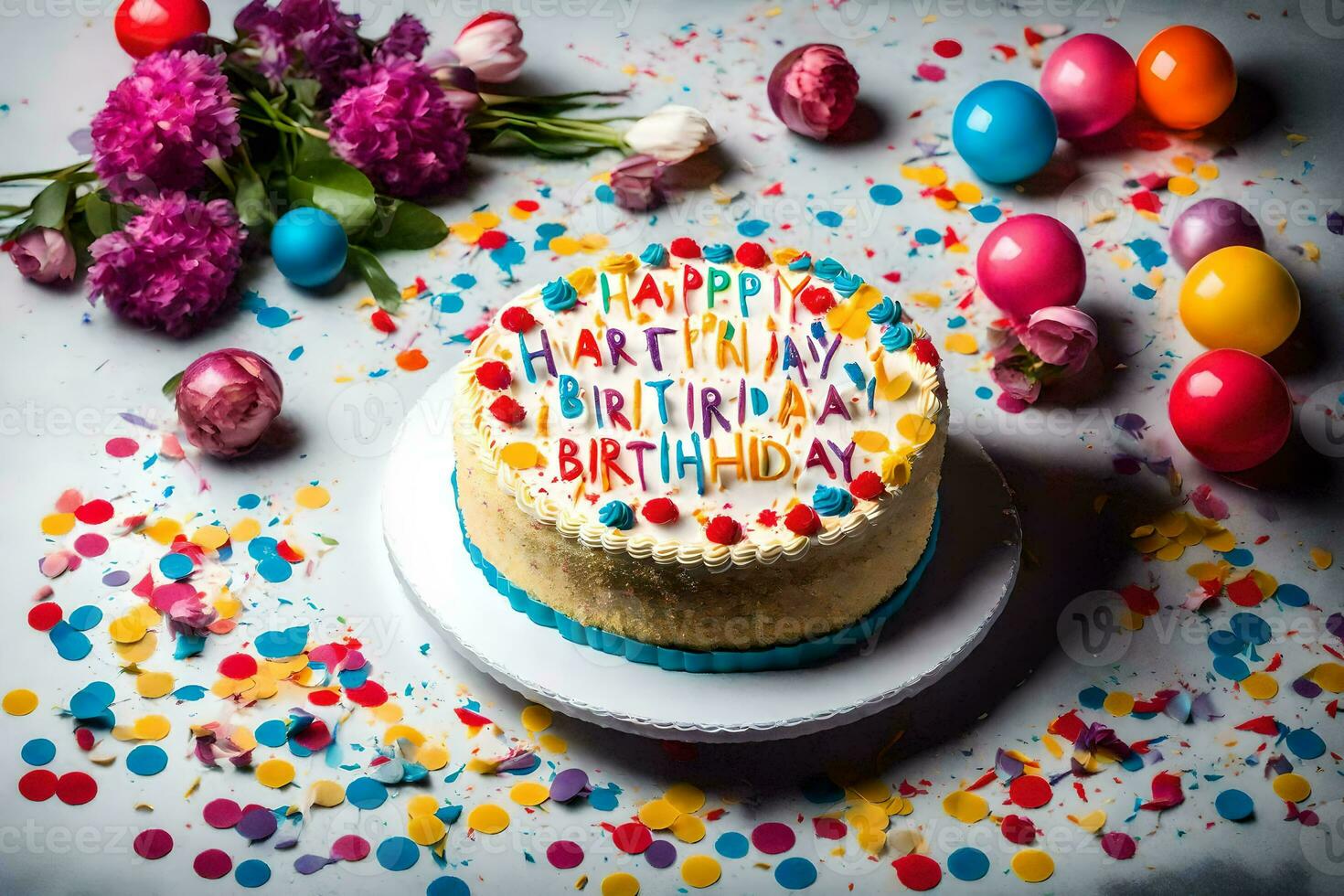 Lycklig födelsedag kaka med färgrik konfetti och färgrik ägg på en vit tabell. ai-genererad foto