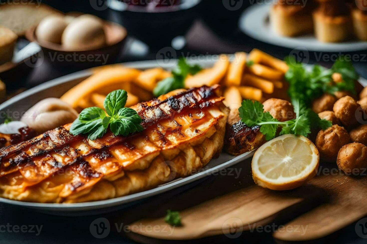 grillad fisk med frites och bröd på en tallrik. ai-genererad foto