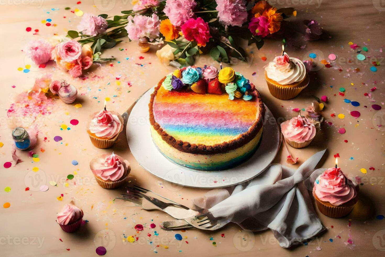 en regnbåge kaka med muffins och blommor på en tabell. ai-genererad foto