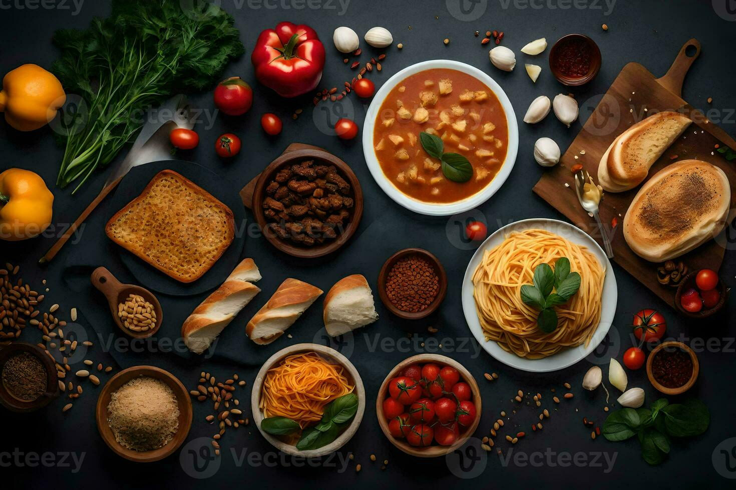 olika livsmedel och Ingredienser är anordnad på en mörk tabell. ai-genererad foto