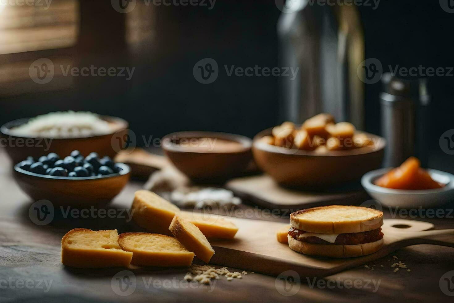 en trä- tabell med en smörgås, ost, och Övrig livsmedel. ai-genererad foto