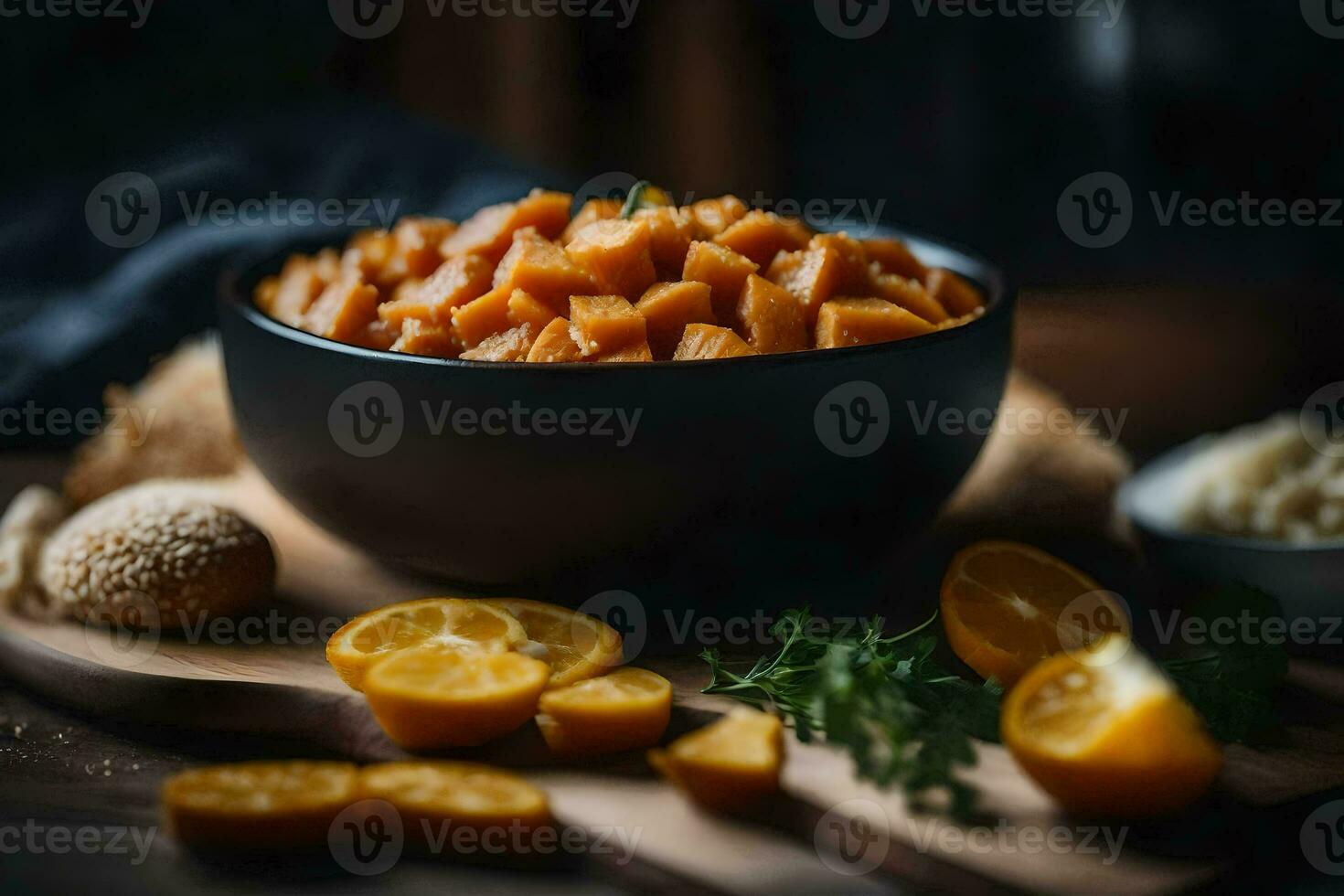 en skål av mat med apelsiner och bröd. ai-genererad foto