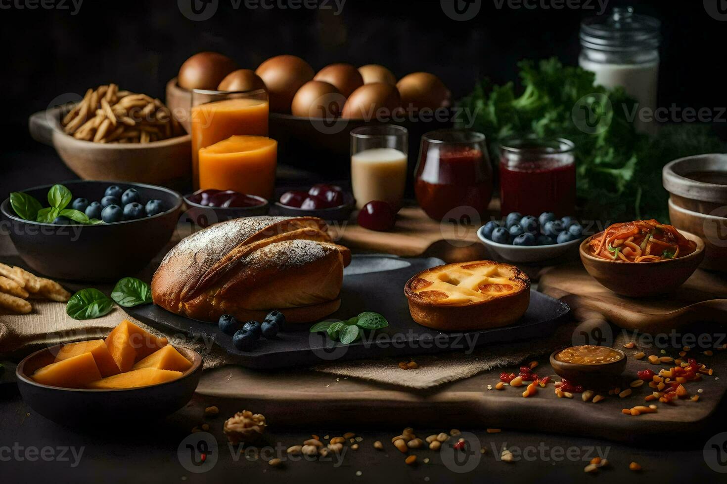 olika livsmedel Inklusive bröd, ägg, och Övrig Ingredienser. ai-genererad foto