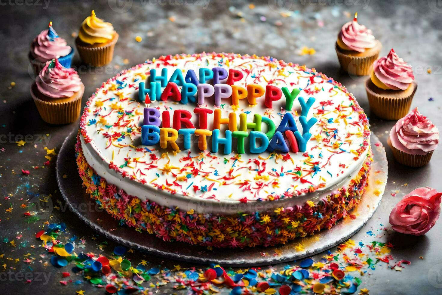 Lycklig födelsedag kaka med färgrik strössel och muffins på en mörk bakgrund. ai-genererad foto