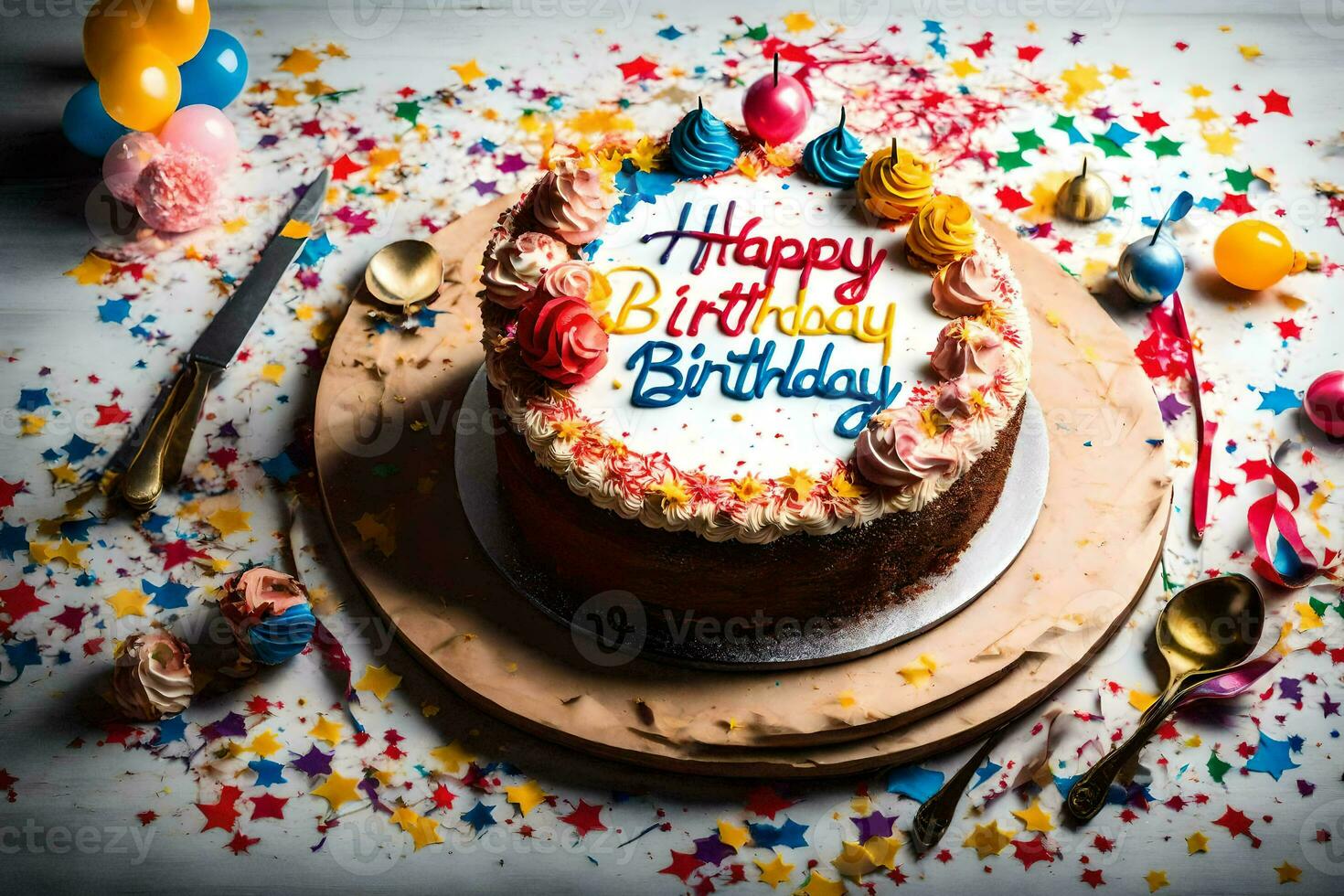 en födelsedag kaka med en Lycklig födelsedag inskrift på de topp. ai-genererad foto