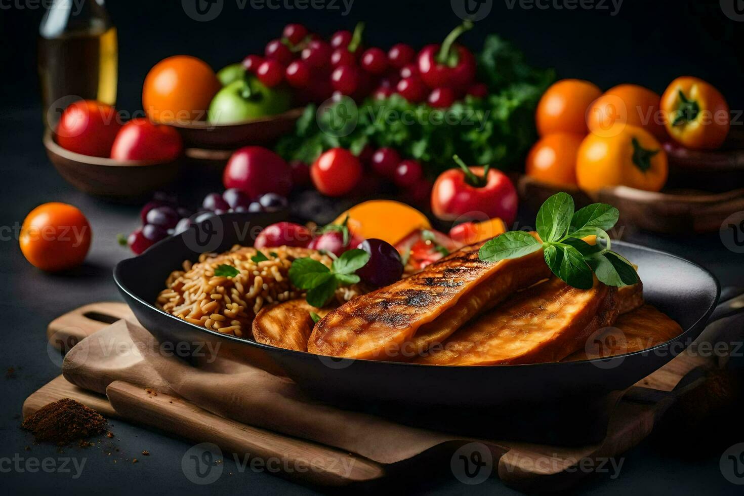 grillad kyckling bröst med grönsaker och frukt på en svart bakgrund. ai-genererad foto