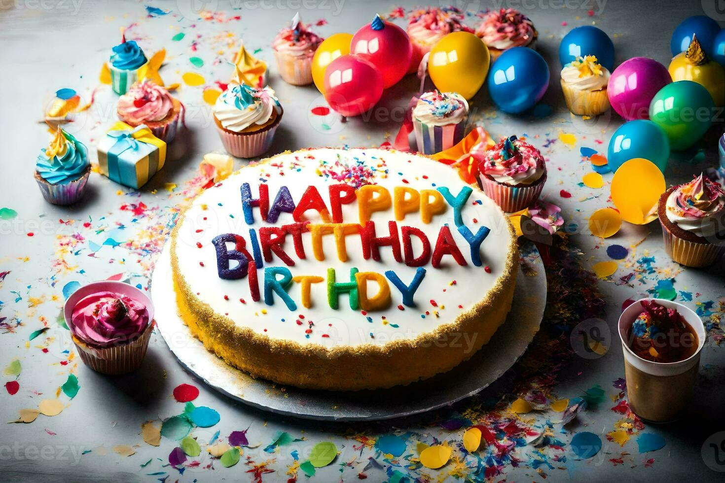 Lycklig födelsedag kaka med konfetti och ballonger på en tabell. ai-genererad foto