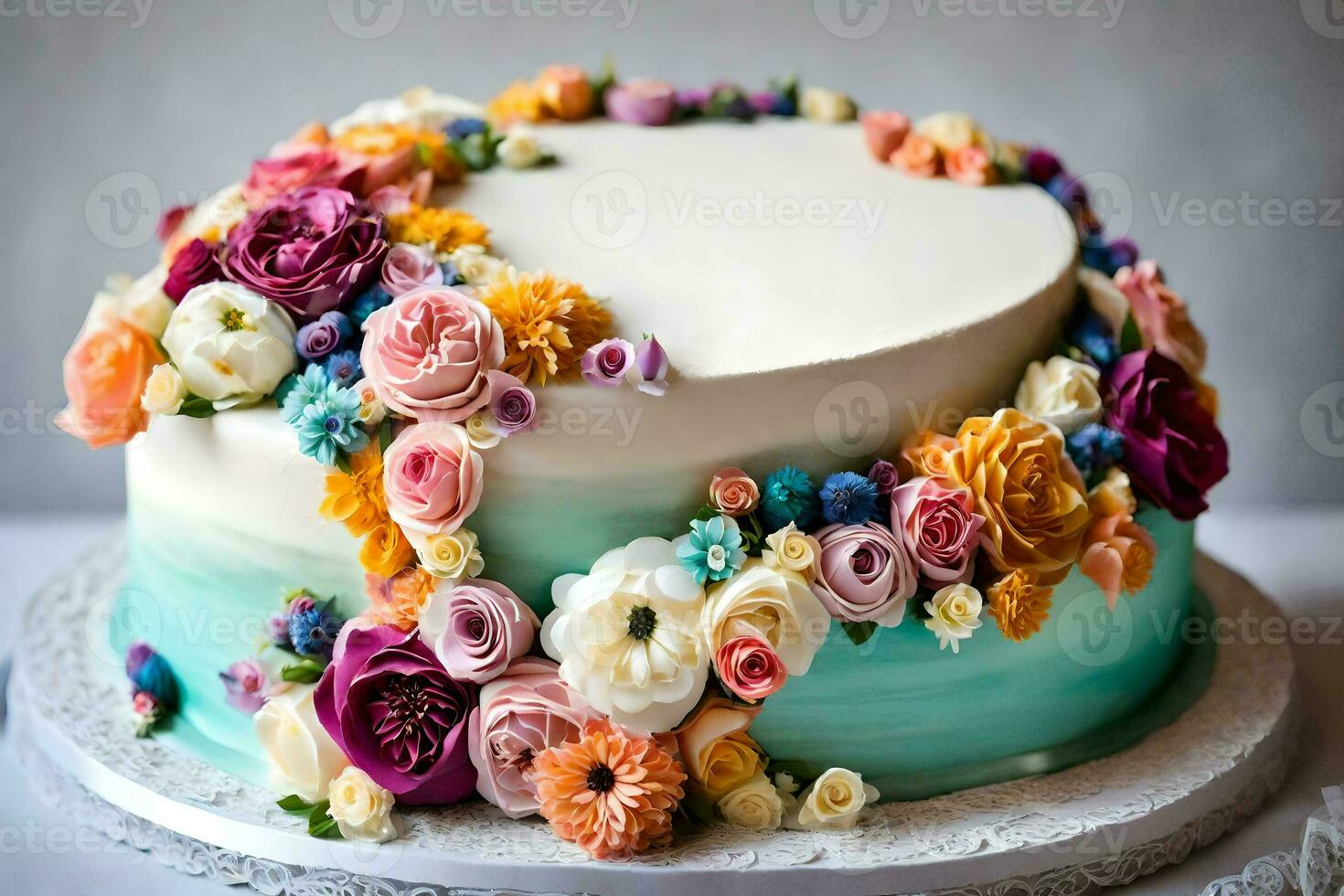 en kaka med färgrik blommor på topp. ai-genererad foto