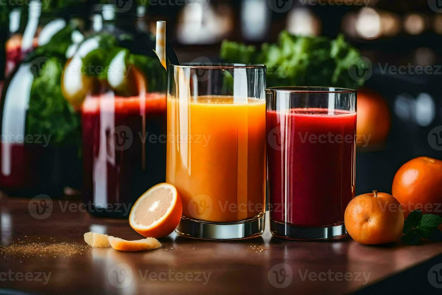 två glasögon av juice med apelsiner och apelsiner. ai-genererad foto