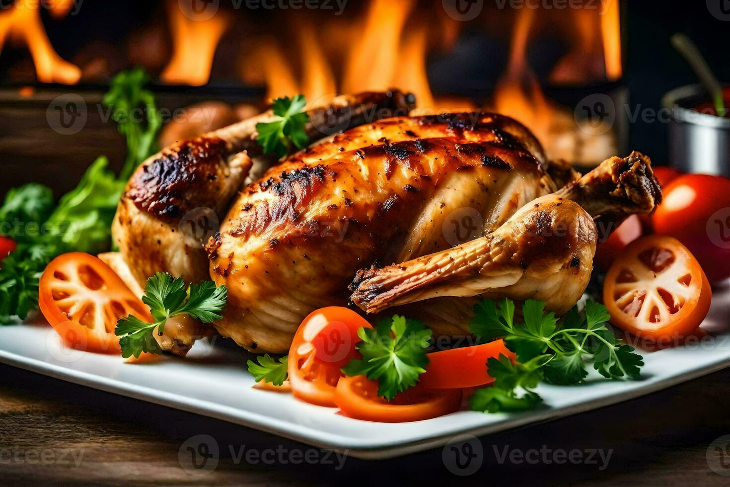 en rostad kyckling är eras på en tallrik med grönsaker och tomater. ai-genererad foto