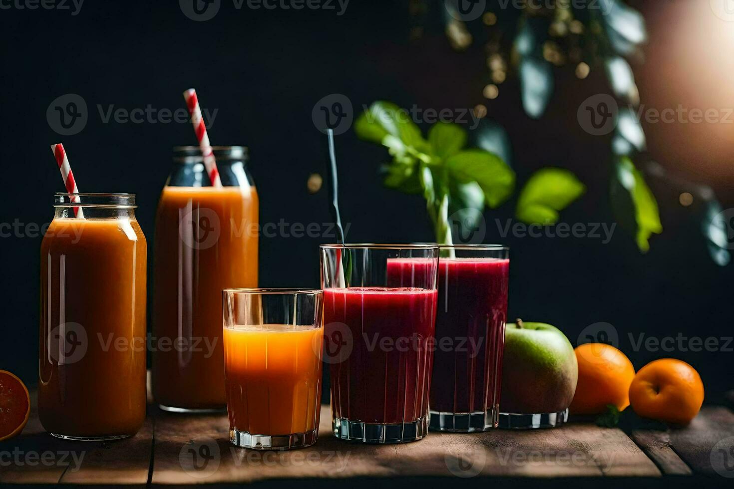 en mängd av juicer och frukt på en trä- tabell. ai-genererad foto