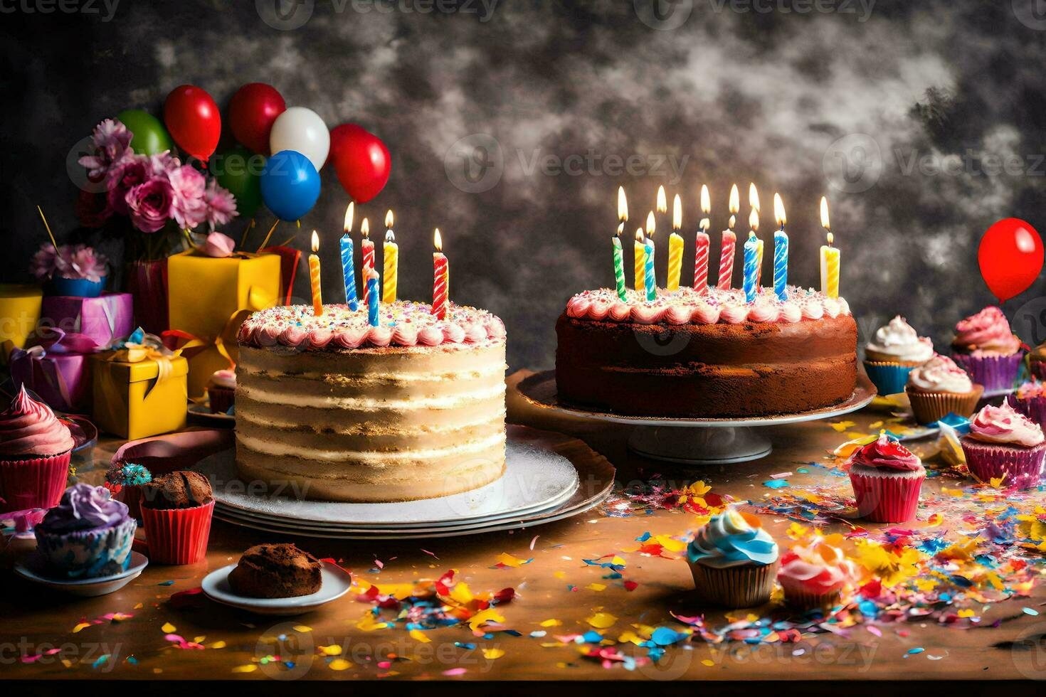 födelsedag kaka med ljus på de tabell. ai-genererad foto