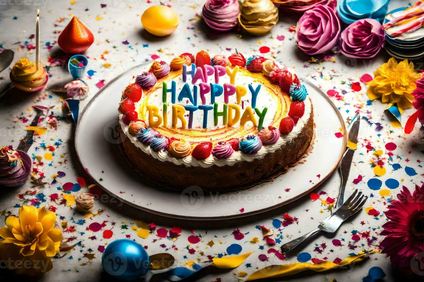 Lycklig födelsedag kaka med färgrik konfetti och färgrik konfetti. ai-genererad foto