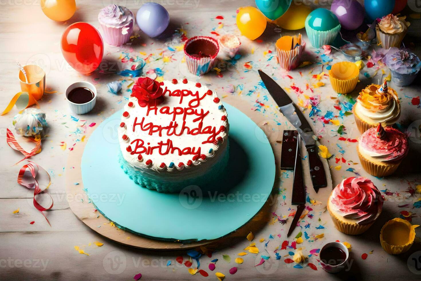 en födelsedag kaka med de ord Lycklig födelsedag skriven på Det. ai-genererad foto