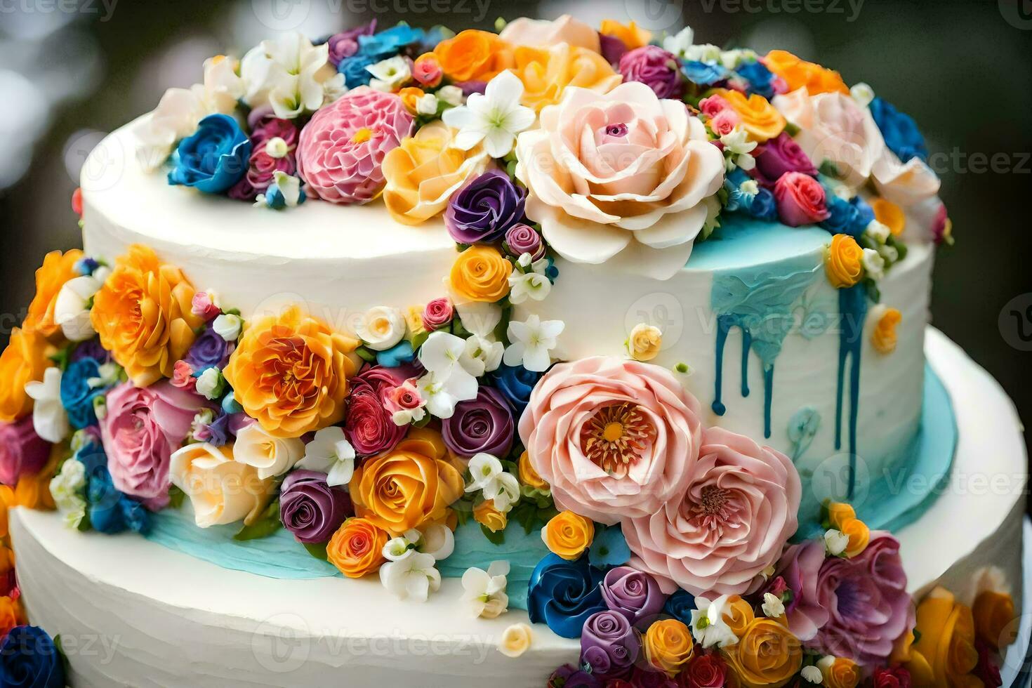 en kaka dekorerad med färgrik blommor. ai-genererad foto