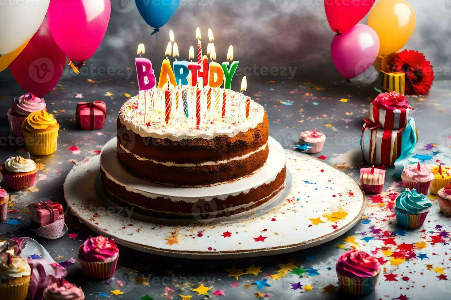 en födelsedag kaka med ljus på topp. ai-genererad foto