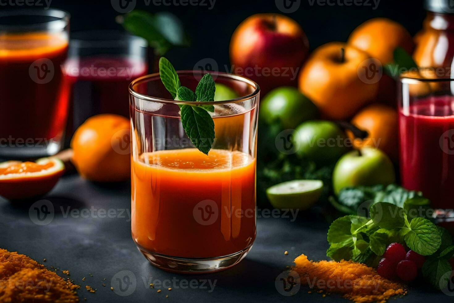 en glas av juice med apelsiner, äpplen och Övrig frukter. ai-genererad foto