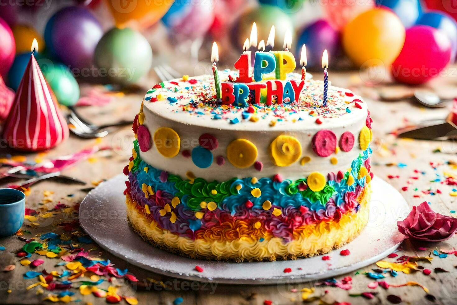 en födelsedag kaka med ljus på topp. ai-genererad foto
