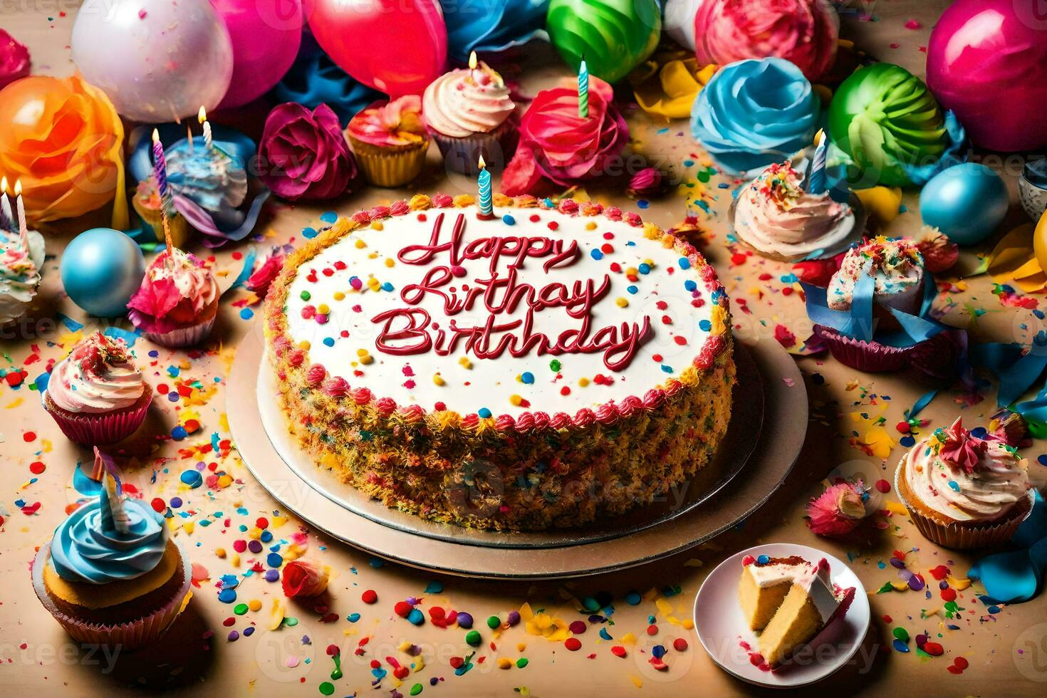 Lycklig födelsedag kaka med muffins och ballonger på en trä- bakgrund. ai-genererad foto