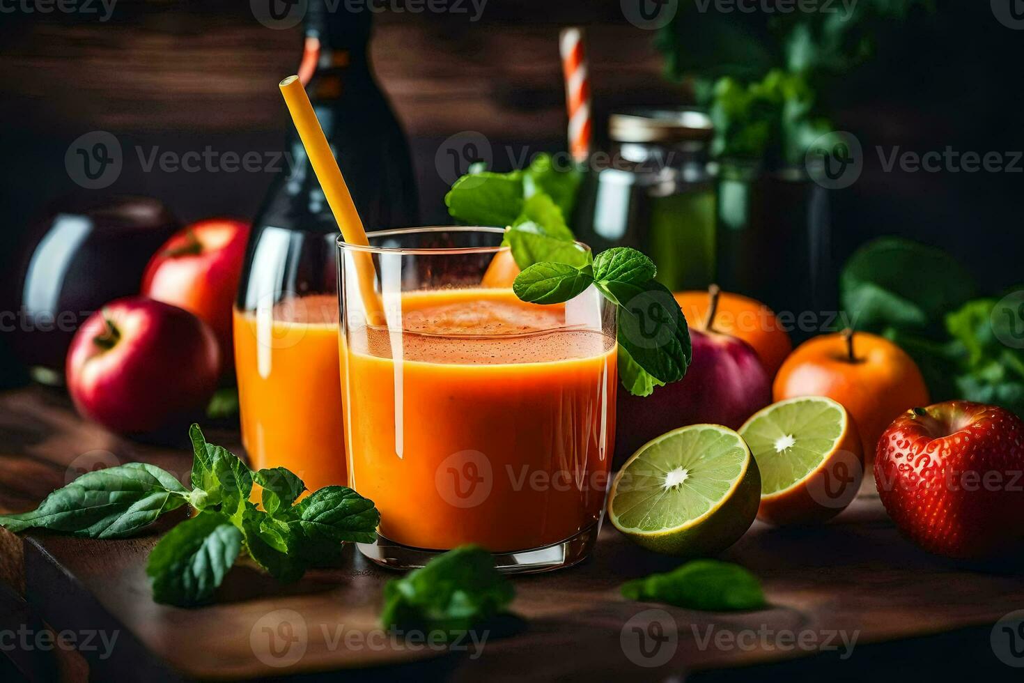 en glas av orange juice med färsk frukter. ai-genererad foto