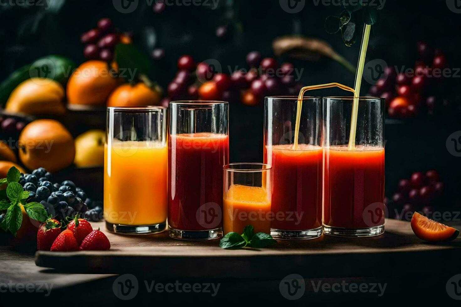 en mängd av juicer och frukt på en trä- tabell. ai-genererad foto