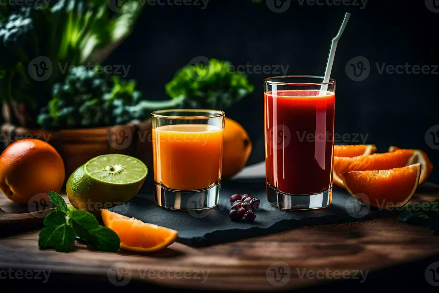 färsk juice i en glas med apelsiner och Övrig frukter. ai-genererad foto