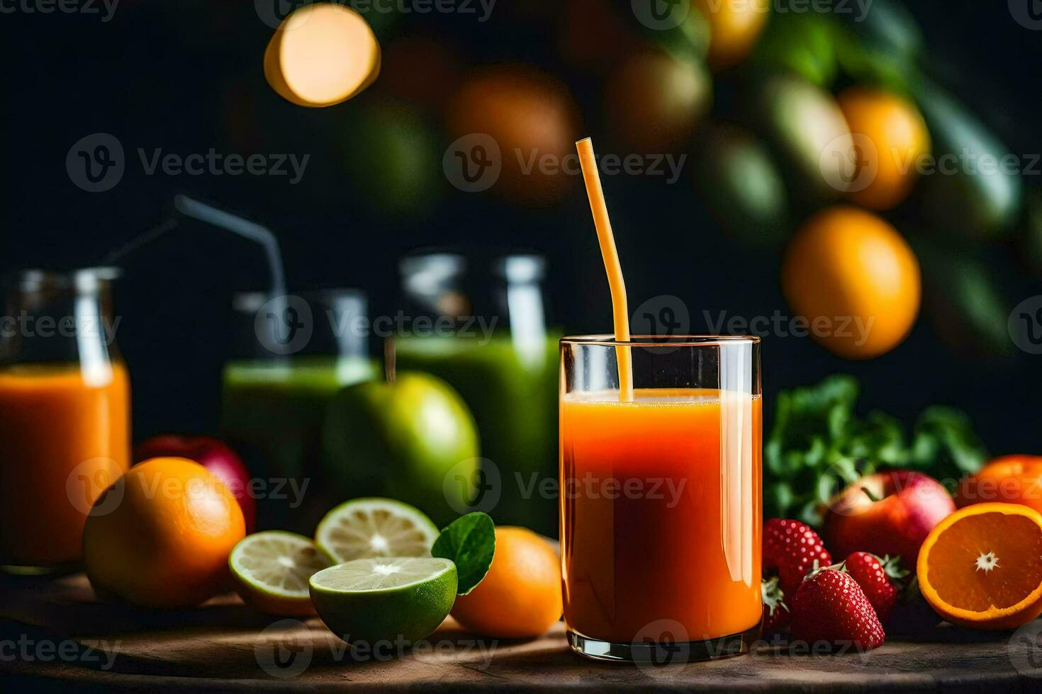 en glas av juice med apelsiner, jordgubbar och limefrukter. ai-genererad foto