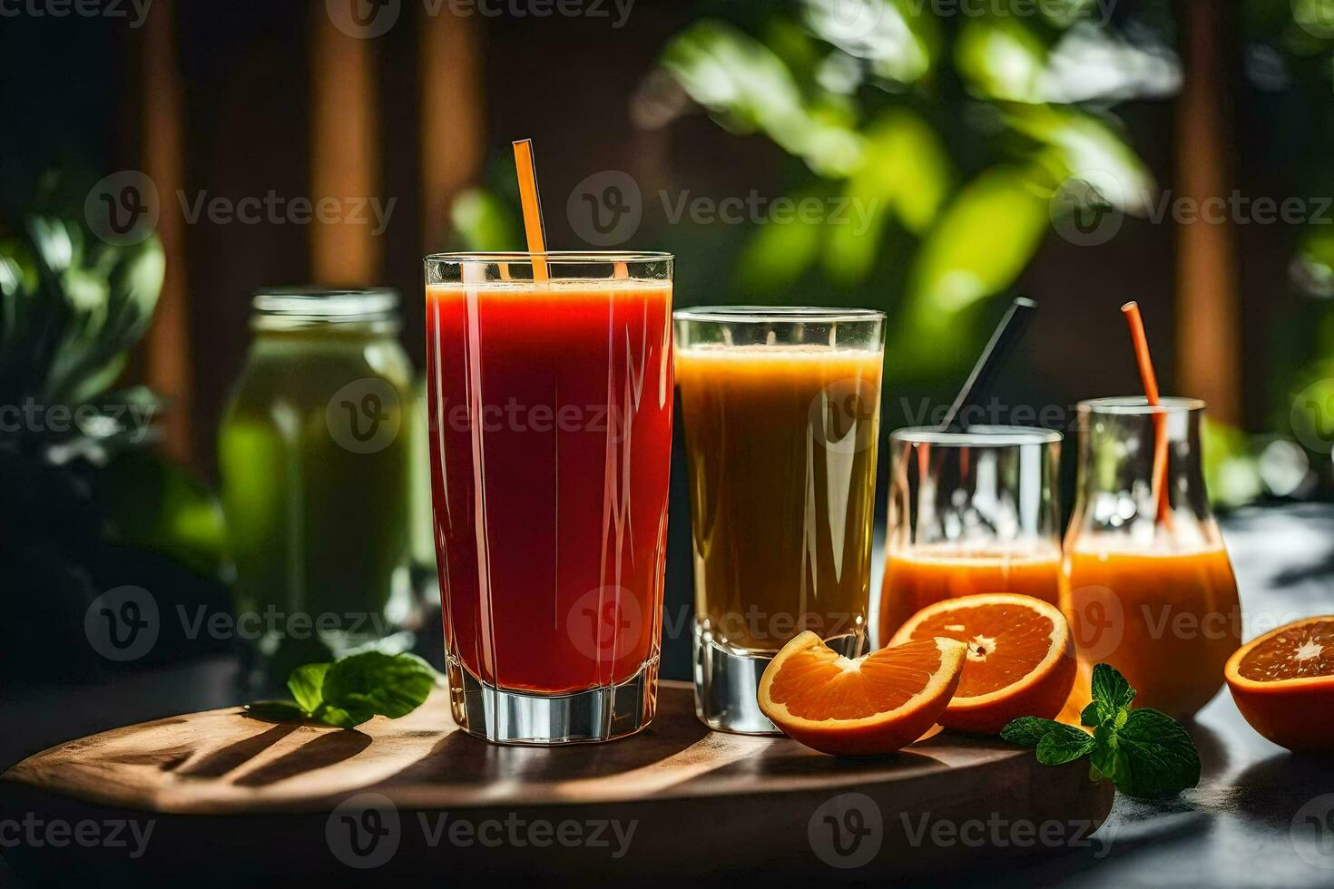 juice och smoothies på en trä- tabell. ai-genererad foto