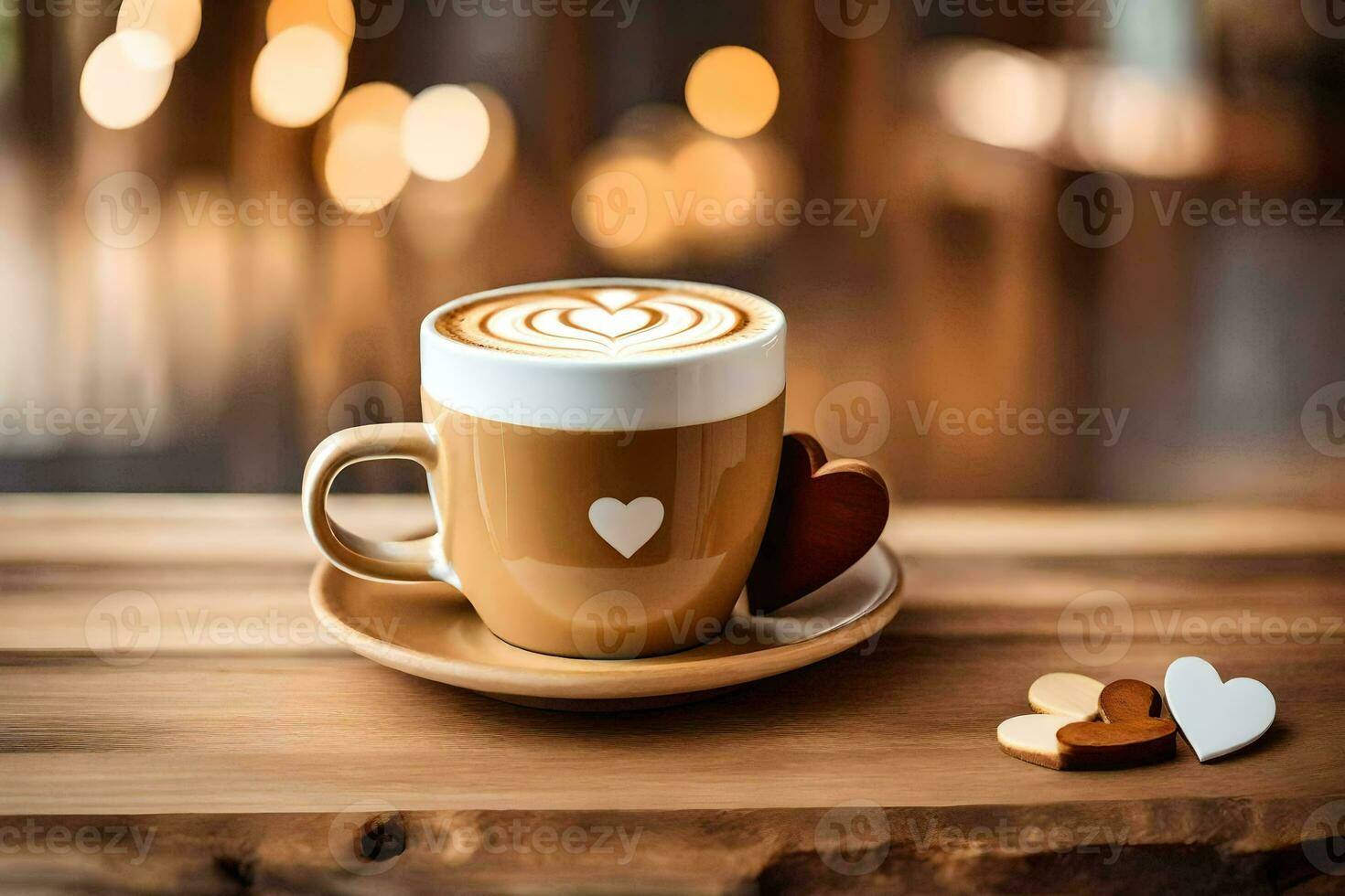 en kopp av kaffe med hjärta formad latte konst på en trä- tabell. ai-genererad foto