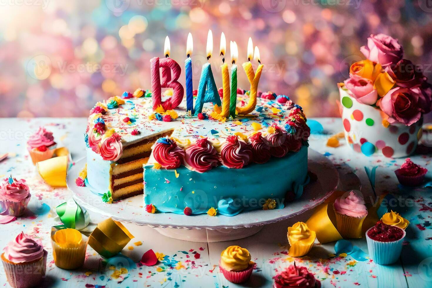 födelsedag kaka med de ord bebis på Det. ai-genererad foto