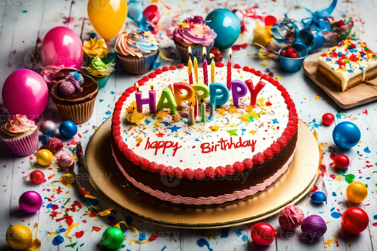 Lycklig födelsedag kaka med ljus och färgrik konfetti. ai-genererad foto
