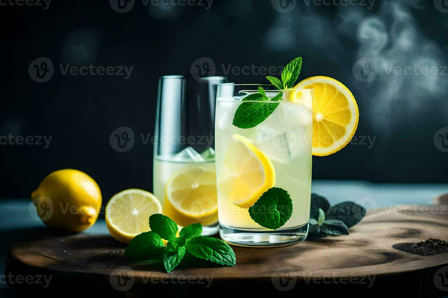 citronsaft med mynta löv och citroner på en trä- styrelse. ai-genererad foto
