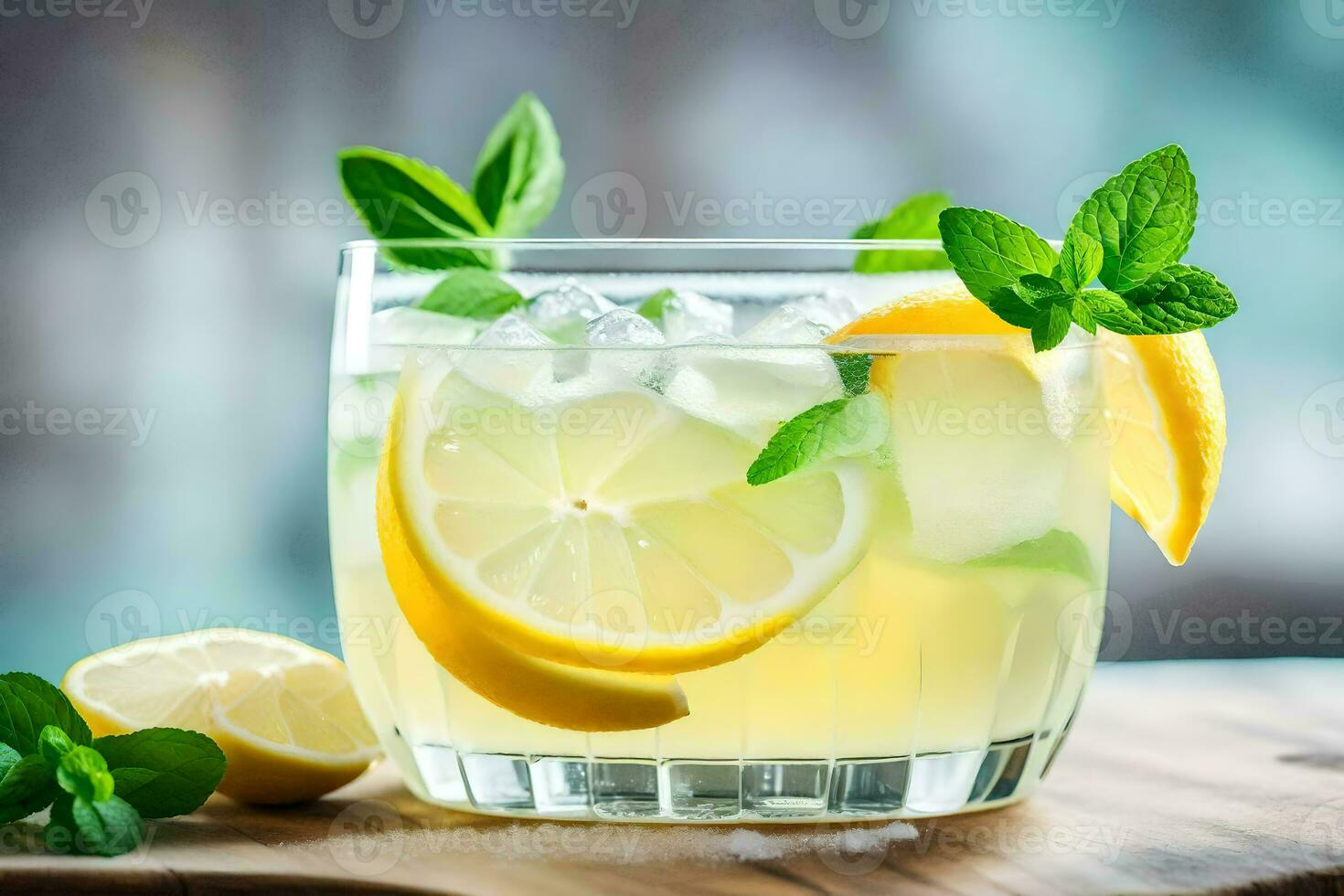 en glas av citronsaft med mynta löv och citroner. ai-genererad foto