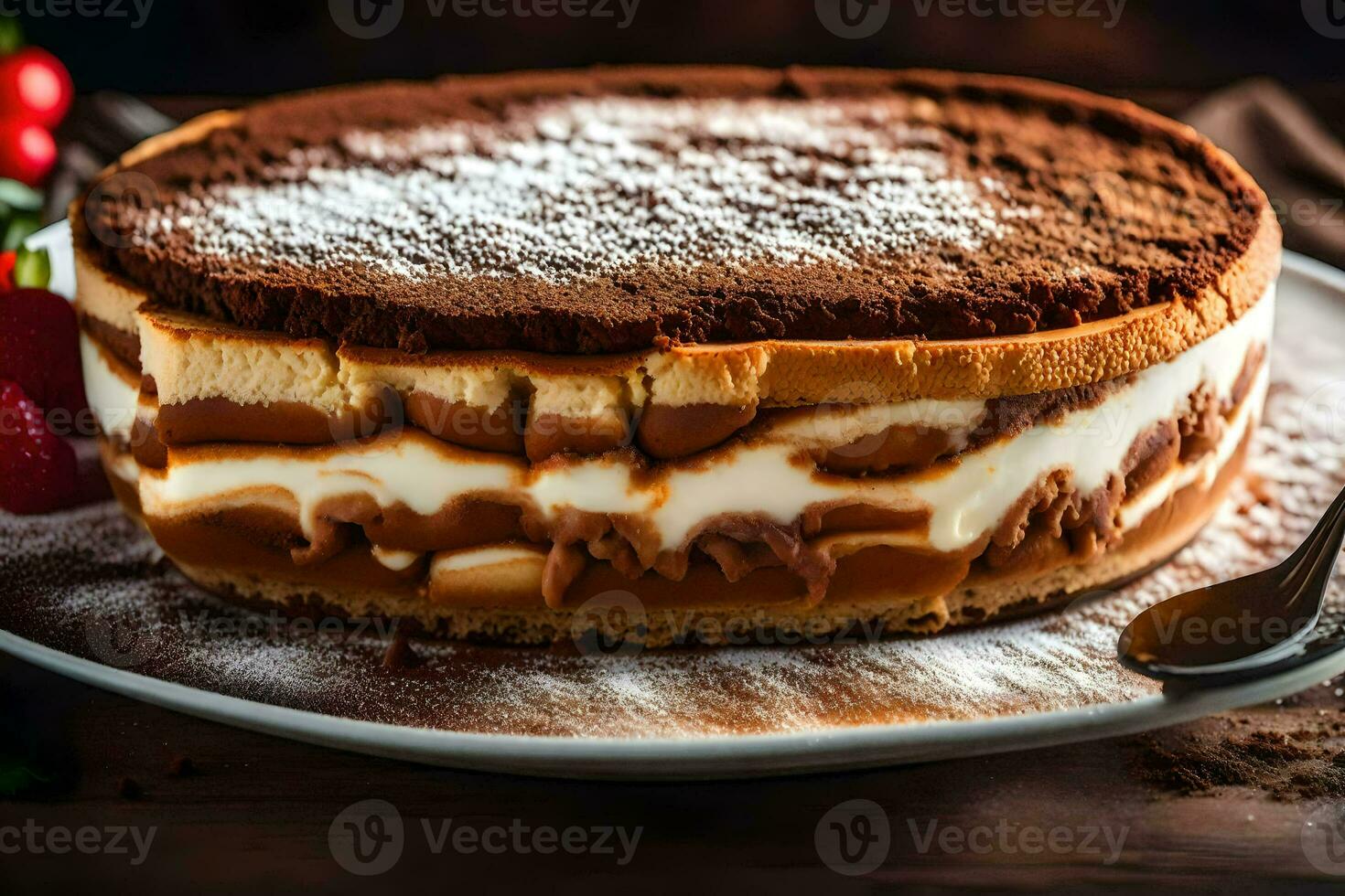 en skiva av tiramisu på en tallrik. ai-genererad foto