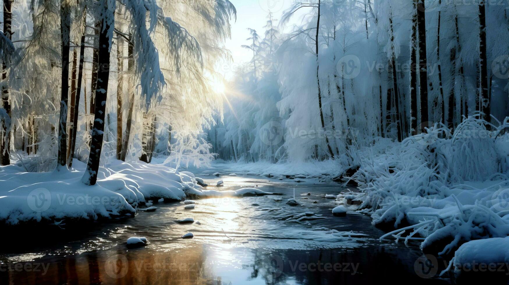 vinter- landskap, flod, skog, låg vinter- Sol. ai genererad foto